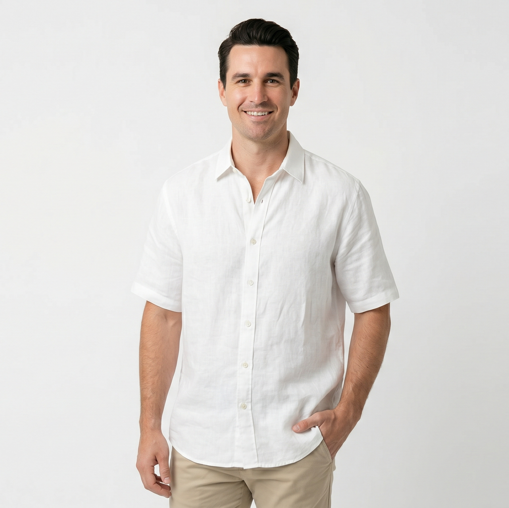 Half sleeve white lenin shirt - Relaxed fit